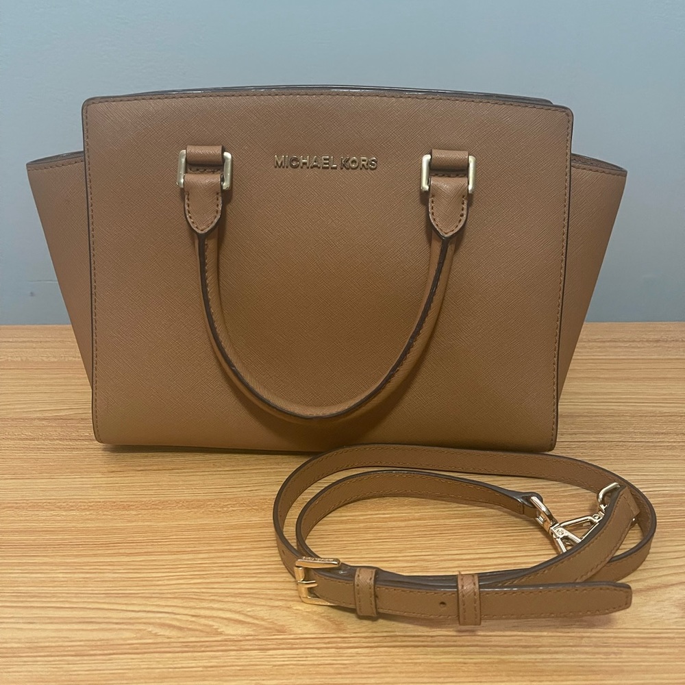 Michael Kors Large Tan Saffiano Leather Satchel with Strap